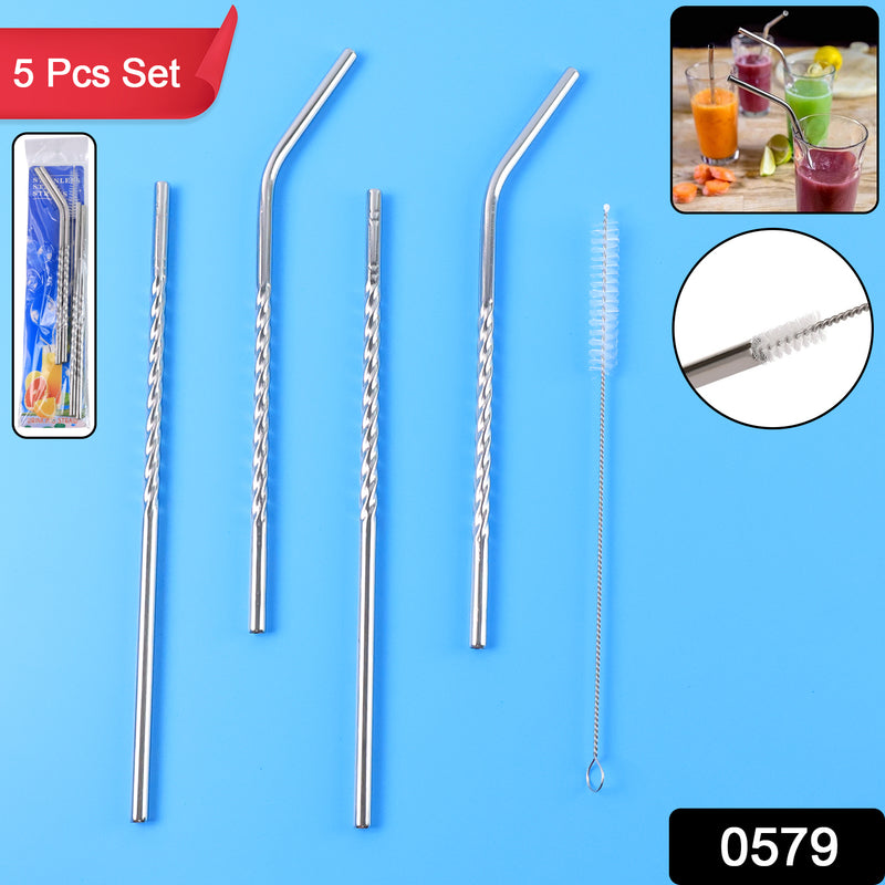 579 Set Of 4 Stainless Steel Straws Brush (2 Straight Straws 2 Bent Straws 1 Brush)