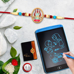 (K1_520_1360) Multicolor Circular Unquie Rakhi Lcd Writing Padtablet For Kids With Silver Color Pooja Coin Greeting Card Occasion Kids Silver Rakhi Rakhi For Brother With Gift Kids Gifts For Little Brother Fancy Rakhi For Brother Set Of