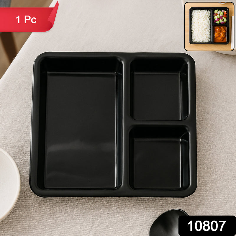 Plastic Multi-compartment Meal Serving Tray 3-section Rectangular Dining Plate (1 Pc Black)