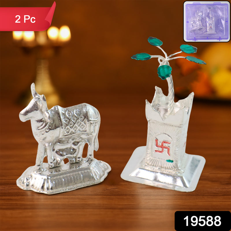 Silver-plated Kamdhenu Cow Tulsi Plant Pair Pooja Home Dcor