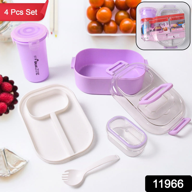 Plastic Lunch Box With Small Box Bottle Sponn For Kids Lunch Box (4 Pc Set)