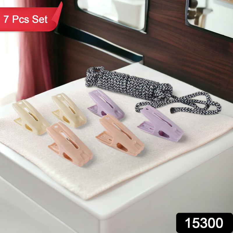 Cloth Drying Rope With Clips Convenient And Durable Hanging Solution (7 Pc Set)