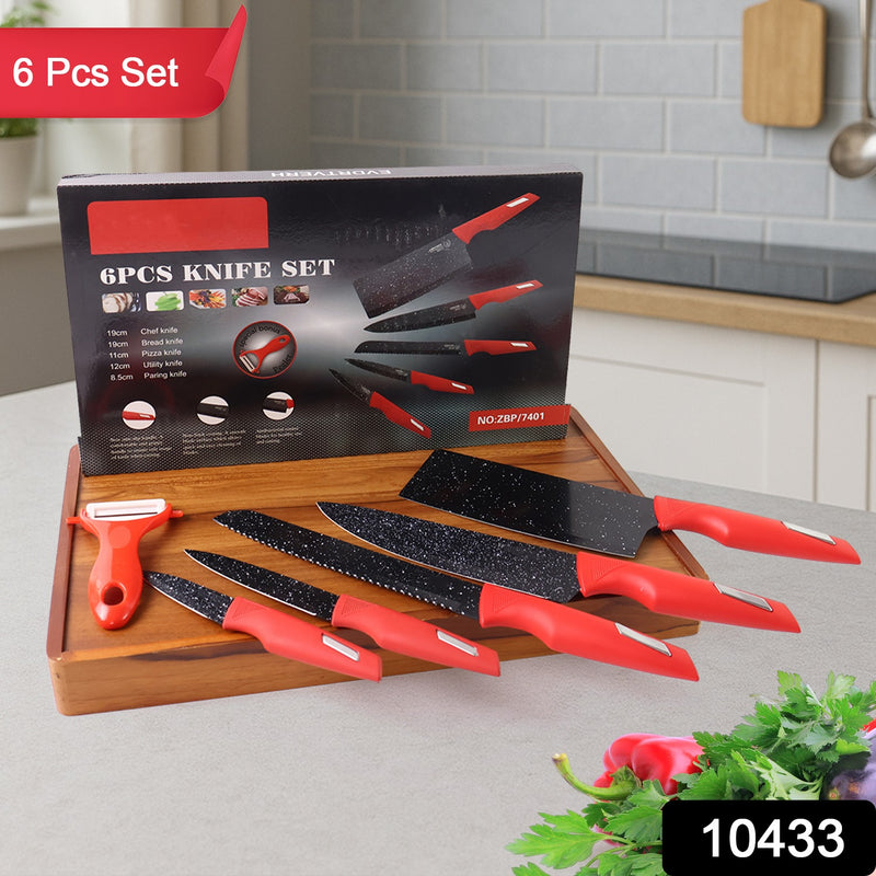 Kitchen Knife Set With Marble-coated Blades Red Handles (6 Pc)