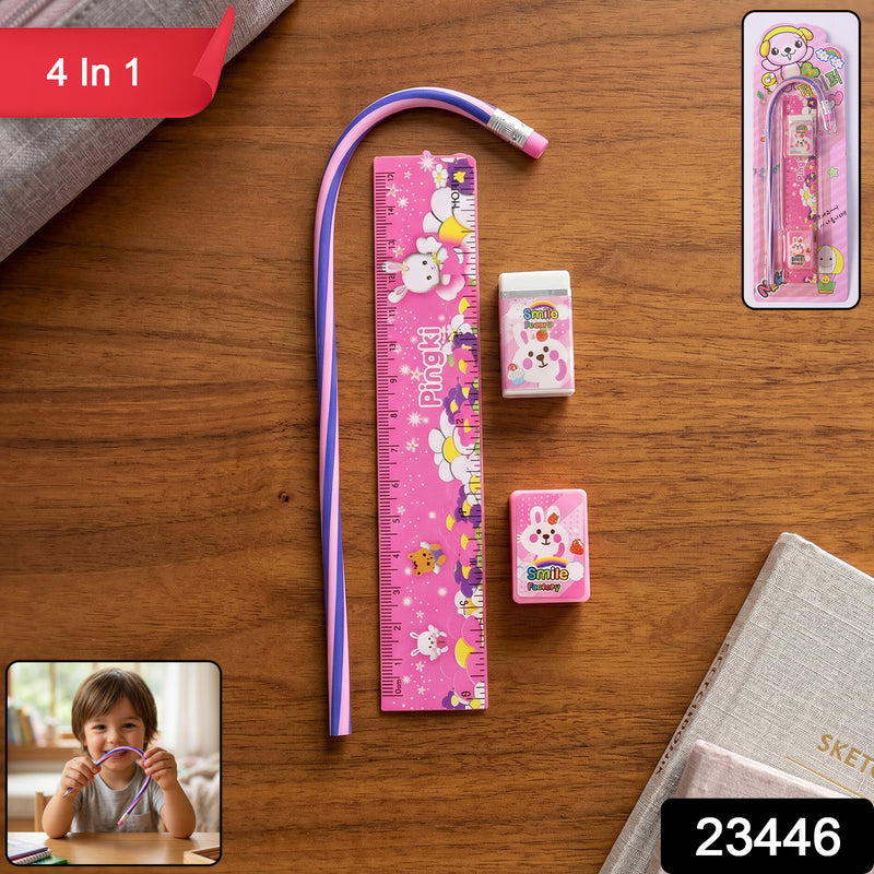 4-in-1 Cute Pink Stationery Set With Ruler Pencil Eraser  Sharpener