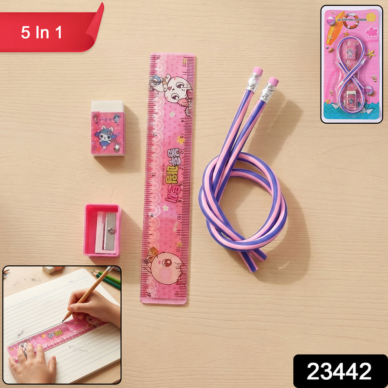 Kids School Stationery Kit  5 In 1 Cute Cartoon Set With Flexible Pencils
