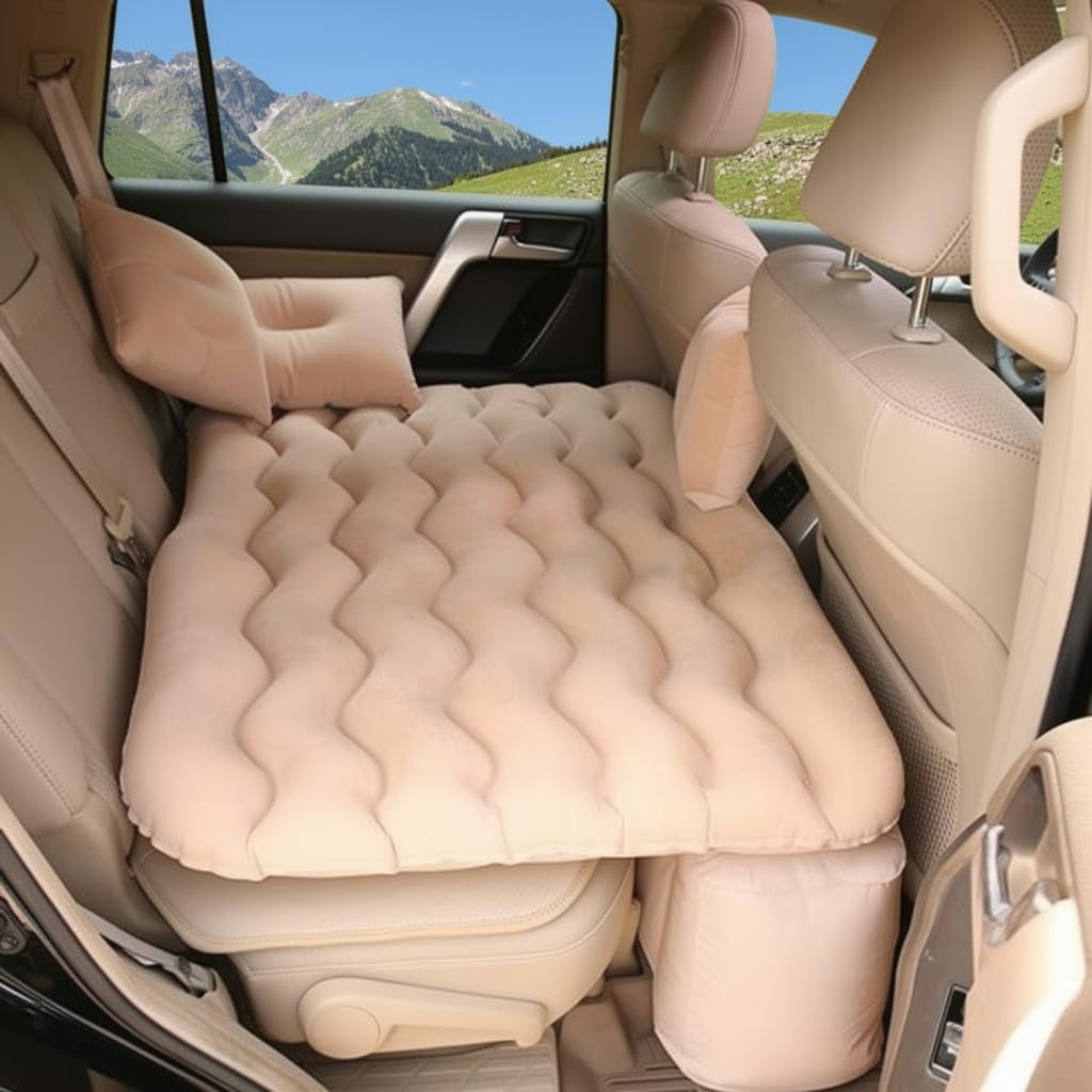 Premium Car Inflatable Bed with Pump & 2 Air Pillows | Quick Inflate Back Seat Mattress | Universal Fit Car Bed for Travel, Camping, Kids, Picnic & Road Trips (Cream)