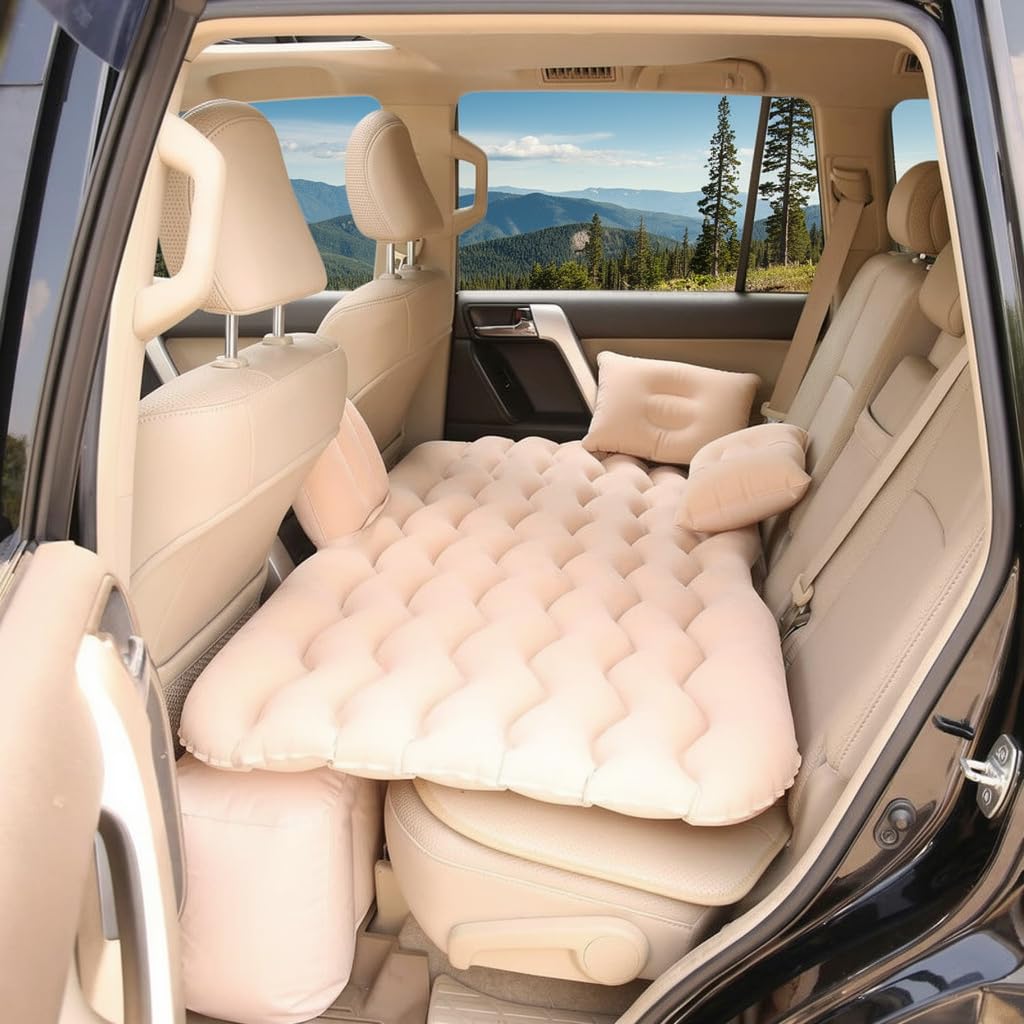 Premium Car Inflatable Bed with Pump & 2 Air Pillows | Quick Inflate Back Seat Mattress | Universal Fit Car Bed for Travel, Camping, Kids, Picnic & Road Trips (Cream)