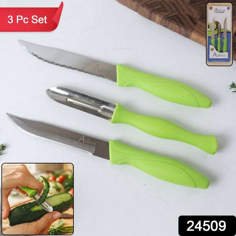Premium Popular Stainless Steel Kitchen Knife And Peeler Combo Set (3 Pc)